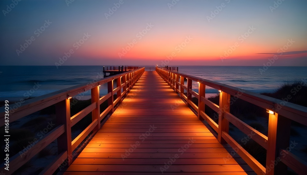 A wooden pier path, illuminated by the warm glow of LED lights, stretches out like a welcoming ribbon, offering a panoramic view of the tranquil ocean at sunset, creating a serene and enchanting atmos