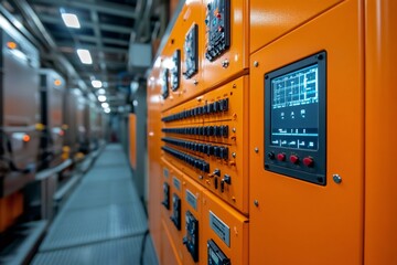Poster - Orange electrical control panel displaying data in industrial setting