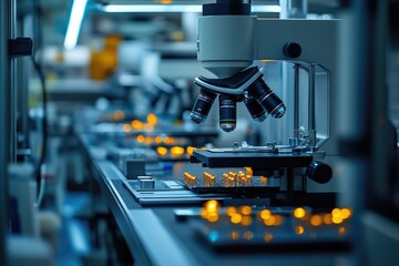 Fototapete - Microscope analyzing microchips on production line in modern factory