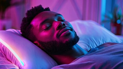 Aufkleber - This Person lies on a pillow, deeply resting under soft, colorful lights, enjoying a tranquil moment.
