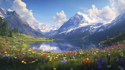 Sticker - breathtaking landscape featuring majestic mountains and vibrant flowers by serene lake