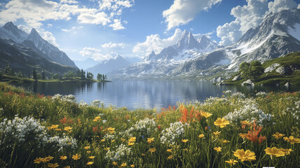 Sticker - breathtaking landscape featuring majestic mountains and serene lake, surrounded by vibrant