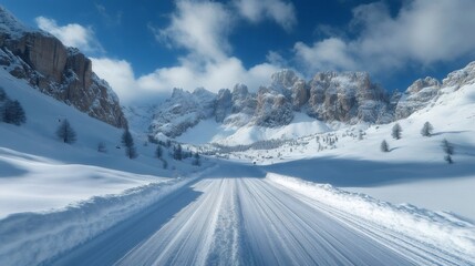 Wall Mural - Snowy road leading through the dolomites in winter