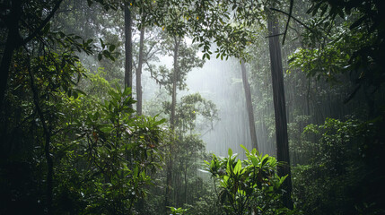 Sticker - moody rainy forest scene with lush greenery and soft rain curtains