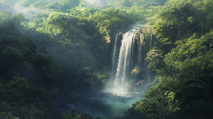 Sticker - picturesque aerial shot of waterfall cascading through lush greenery, creating serene atmosphere