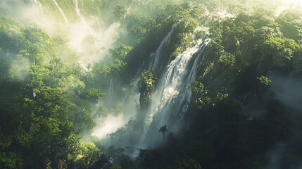 Sticker - serene aerial view of majestic waterfall surrounded by lush greenery