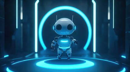 Poster - A cute, futuristic robot stands in a glowing blue-lit environment.