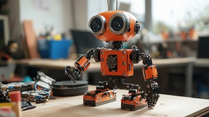 Leinwandbilder - A cute, orange robotic figure with large eyes, designed for interaction and play.