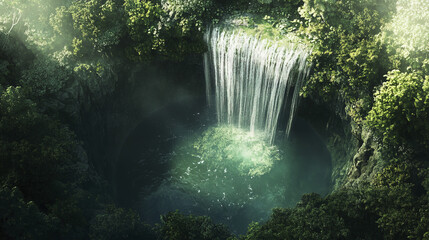 Sticker - breathtaking aerial view of lush tropical rainforest waterfall, showcasing nature beauty