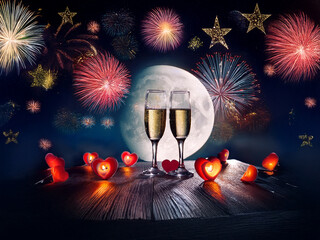 Poster - Romantic New Year's Eve scene: two champagne flutes, heart-shaped candles, fireworks, and a full moon create a celebratory atmosphere.