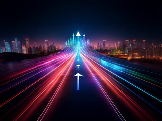 Fototapete - Vibrant light trails converge on a city skyline, forming upward-pointing arrows, symbolizing growth and progress.  A futuristic, hopeful vision of urban advancement.