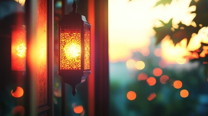 Aufkleber - A decorative lantern glowing at sunset, creating a warm ambiance against a blurred background.