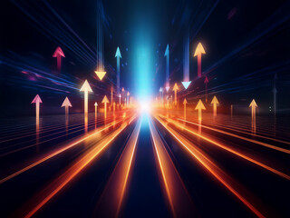 Leinwandbilder - Abstract digital art depicting a glowing highway of light streaks and upward-pointing arrows, symbolizing growth and progress.  A vibrant, futuristic concept.