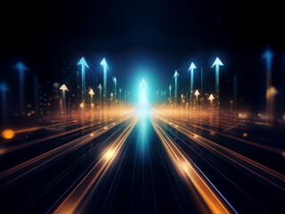 Glowing arrows ascend a digital highway, symbolizing growth, progress, and future success.  The path forward is bright and clear.