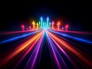 Poster - Vibrant, glowing arrows converge on a dark background, symbolizing upward movement and progress along a radiant path.  The image conveys a sense of speed and advancement.
