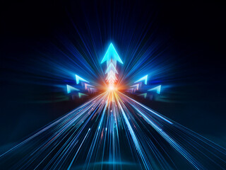 Wall Mural - Glowing blue arrows converge on a bright center, radiating energy and symbolizing rapid advancement and progress on a dark background.  The light streaks evoke a sense of speed and acceleration.