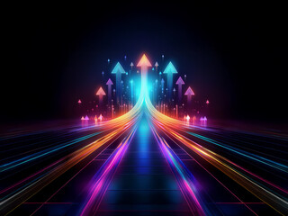 Aufkleber - Glowing arrows ascend a vibrant, futuristic highway, symbolizing growth and progress on a digital path.  The neon lights illuminate the road ahead, signifying opportunity and advancement.