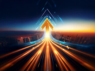 Poster - A glowing arrow ascends a futuristic highway stretching towards a vibrant cityscape at sunrise.  The scene evokes feelings of progress and ambition.