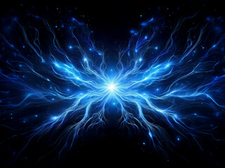 Aufkleber - A luminous, bioluminescent butterfly-like form radiates bright blue energy against a deep black background, sparkling with tiny lights.  Its intricate, branching veins suggest a cosmic or mystical ene