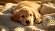 © Thuntaree - Cute Golden Puppy Relaxing on Soft Blanket in Warm Sunlight