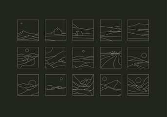 Wall Mural - Mountain silhouettes icon set drawing in linear art style on black background