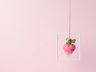 Leinwandbilder - Surreal Minimalist Hanging Radish in Pastel Frame on Light Pink Background