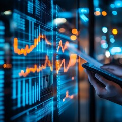 Poster - Urban Office Reflections Vibrant Stock Market Analysis with Dynamic Graphs at Night