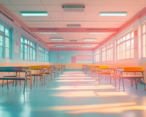 Aufkleber - Surreal Pastel Classroom with Abstract Light Streaks and Modern Learning Environment