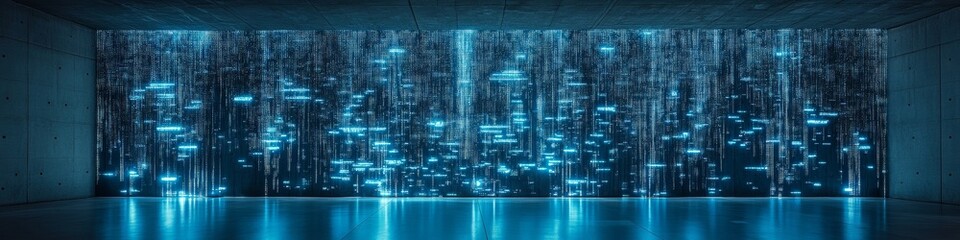 Poster - Neon Blue Concrete Wall with Holographic Digital Patterns Reflecting Cyber Aesthetic