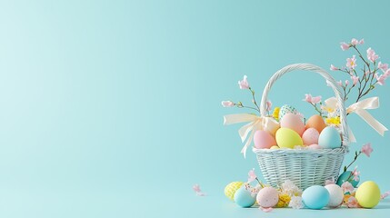 Wall Mural - An empty Easter basket with a soft, pastel-colored ribbon, awaiting to be filled with colorful eggs and treats.