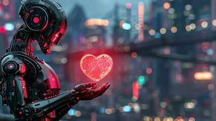 Poster - A robotic figure stands in a vibrant futuristic city, illuminated by neon lights, while gently cradling a glowing heart symbol.