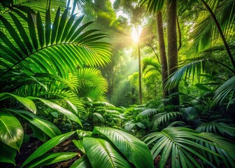 Wall Mural - Lush Rainforest Undergrowth: Vibrant Green Leaves in Focus, Rule of Thirds Composition