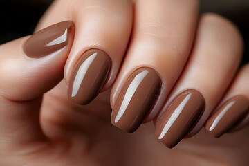 Sticker - Female hand with trendy manicure in mocha mousse color.