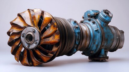 Poster - A detailed view of a vintage turbocharger showcasing its mechanical components.
