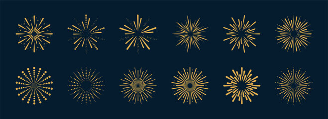 Wall Mural - vintage fireworks collection. bursting golden sun rays. radial sunset beams. vector illustration