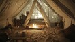 © DIAHIMAGESNEW - Cozy interior of a canvas tent with a fire pit, bed, and seating on a sandy floor.
