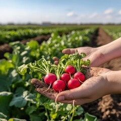 Wall Mural - Harvesting fresh radishes organic farm agriculture photography sunny field close-up healthy eating