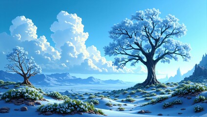 Surreal winter landscape with frozen trees and blue sky