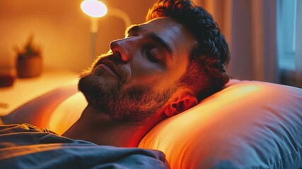 Aufkleber - This young man enjoys a restful sleep in a warmly illuminated bedroom, exuding tranquility.