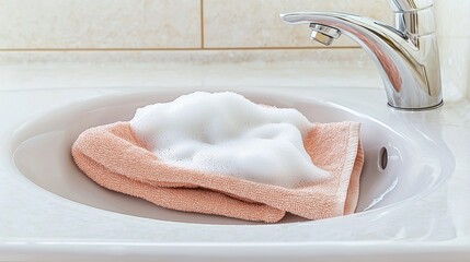 A soapy towel resting in a sink, suggesting cleaning or washing.