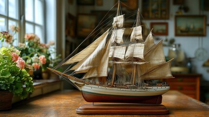 Antique ship model on wooden table near window.