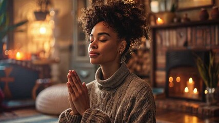 Aufkleber - A young woman sits cross-legged in a cozy room filled with natural decor and warm candlelight, engaging in meditation to find inner peace and tranquility. Soft light enhances the calming atmosphere.