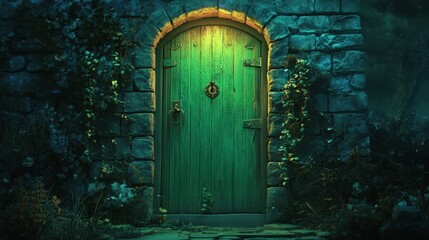 Wall Mural - Enigmatic Green Door in a Stone Archway at Night