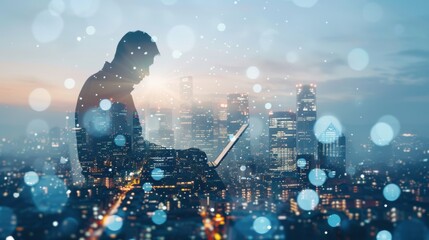 Digital technology, internet network connection, futristic innovation technology. Double exposure of man using laptop and mobile phone and smart city with internet network technology