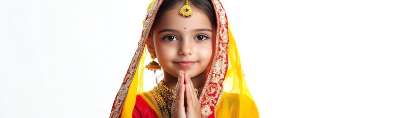 Young girl in traditional attire, hands in prayer position, isolated background.