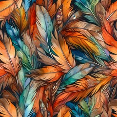 Wall Mural - colorful detailed feathers in shades of orange blue green and brown create a vibrant intricate patte