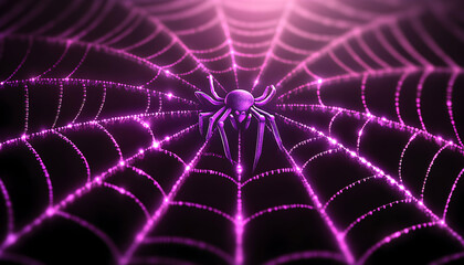 Glowing purple spider on a vibrant web; digital art, Halloween, abstract design, intricate detail, dark background.