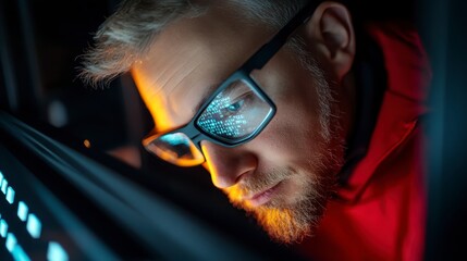 Concentrated Programmer Working Late Cybersecurity Specialist Coding at Night