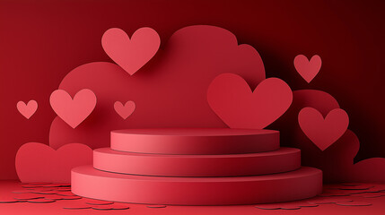 Wall Mural - Red podium with floating paper hearts on vibrant red background, perfect for Valentine's Day or romantic-themed displays and celebrations.