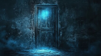 Wall Mural - An old wooden door in a dark mysterious room